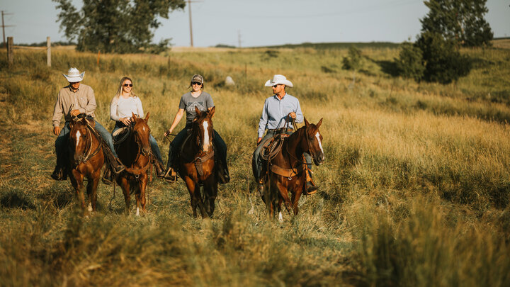 Ranchers riding horses through a grassy field under a clear sky.