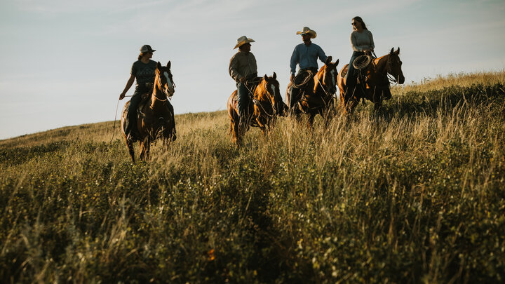 Family riding through a pasture on horses